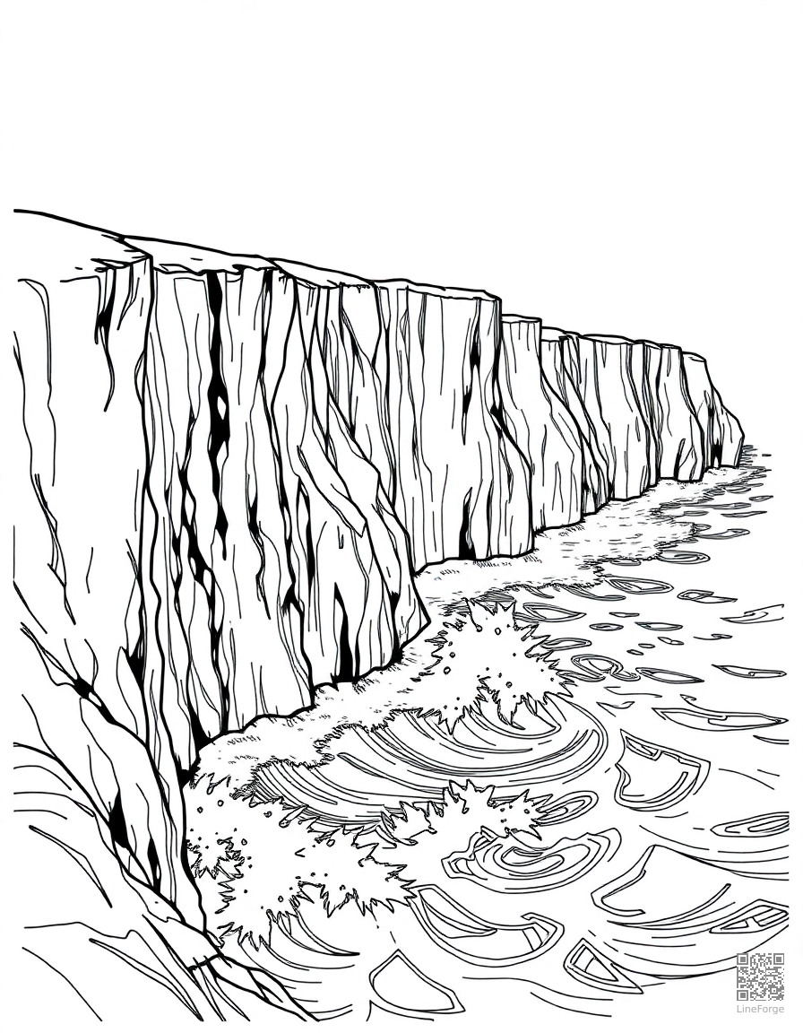 Free coastal cliffs with crashing waves below coloring page in manga style — printable line art