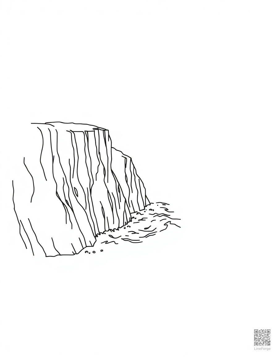 Free coastal cliffs with crashing waves below coloring page in minimal style — printable line art