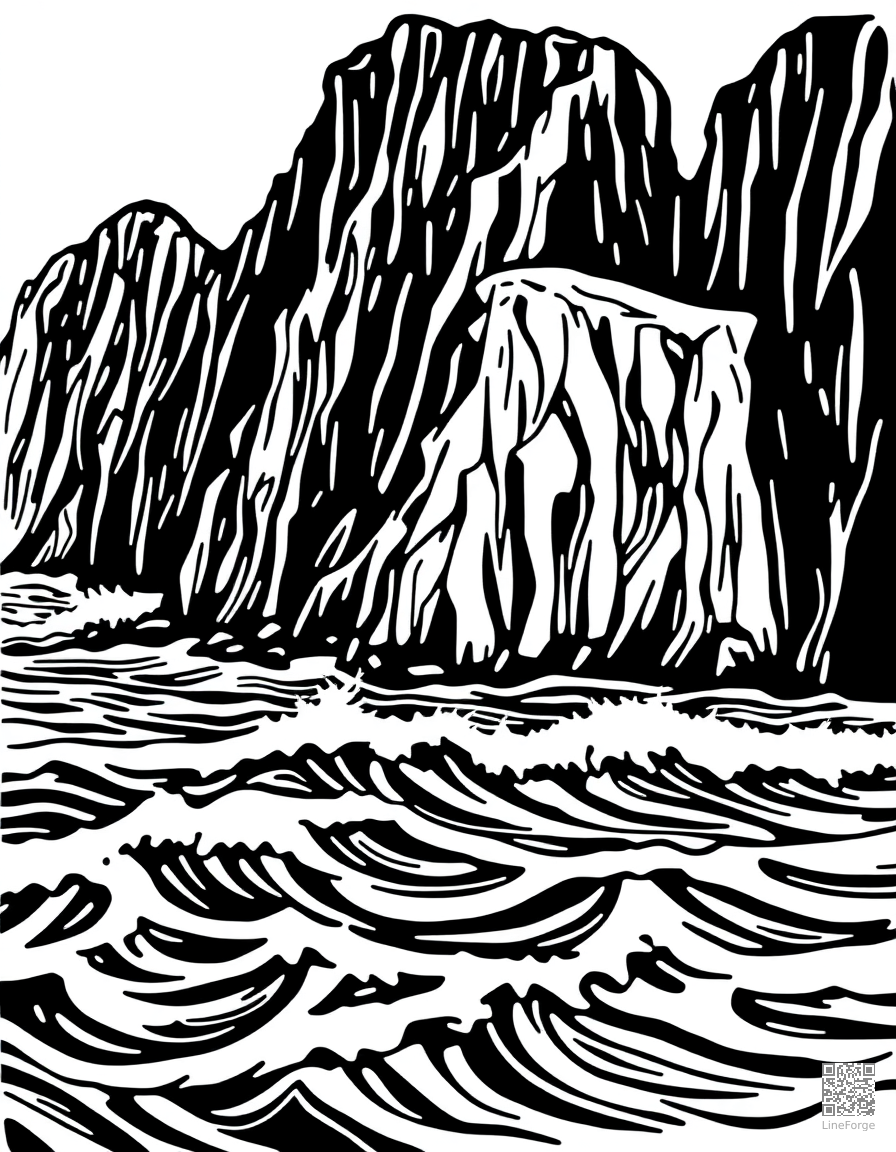 Free coastal cliffs with crashing waves below coloring page in woodcut style — printable line art