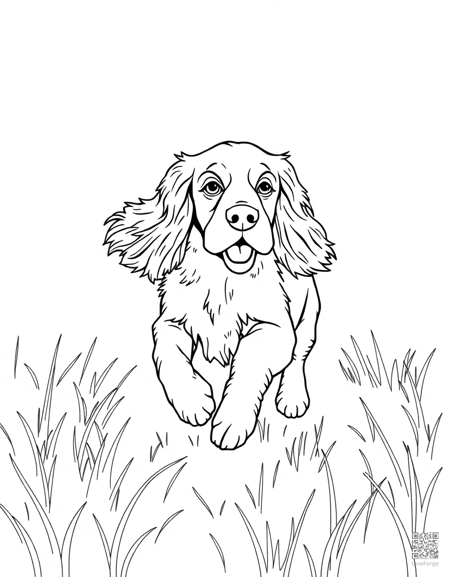 cocker spaniel running through a meadow coloring page Contour style - free printable