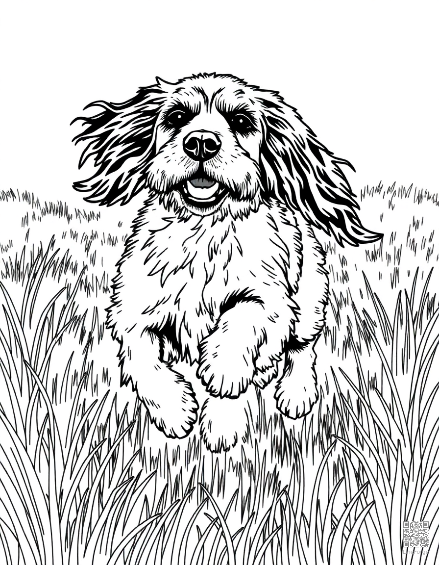 cocker spaniel running through a meadow coloring page Crosshatch style - free printable