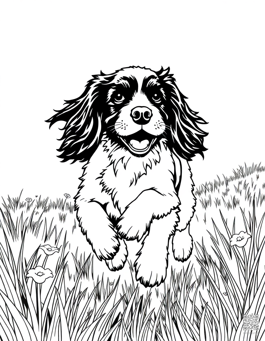 cocker spaniel running through a meadow coloring page Manga style - free printable