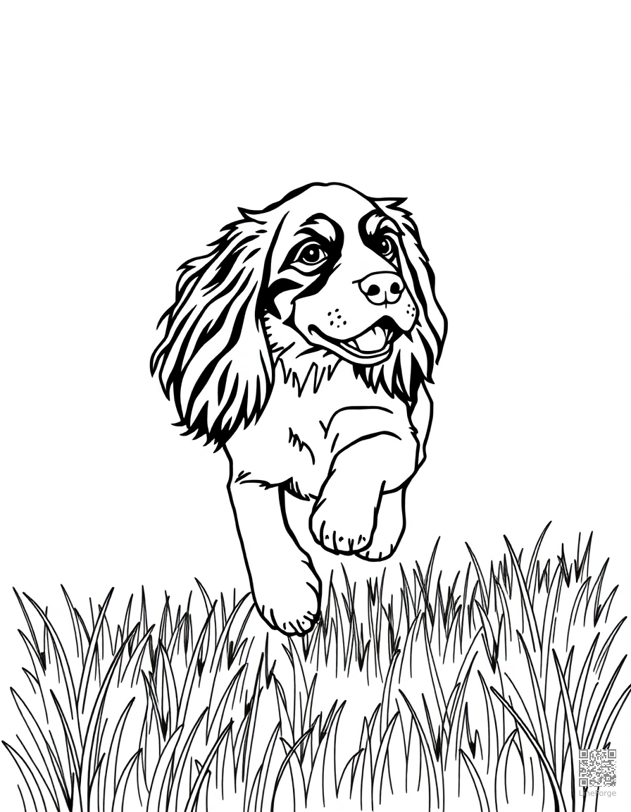 cocker spaniel running through a meadow coloring page Minimal style - free printable