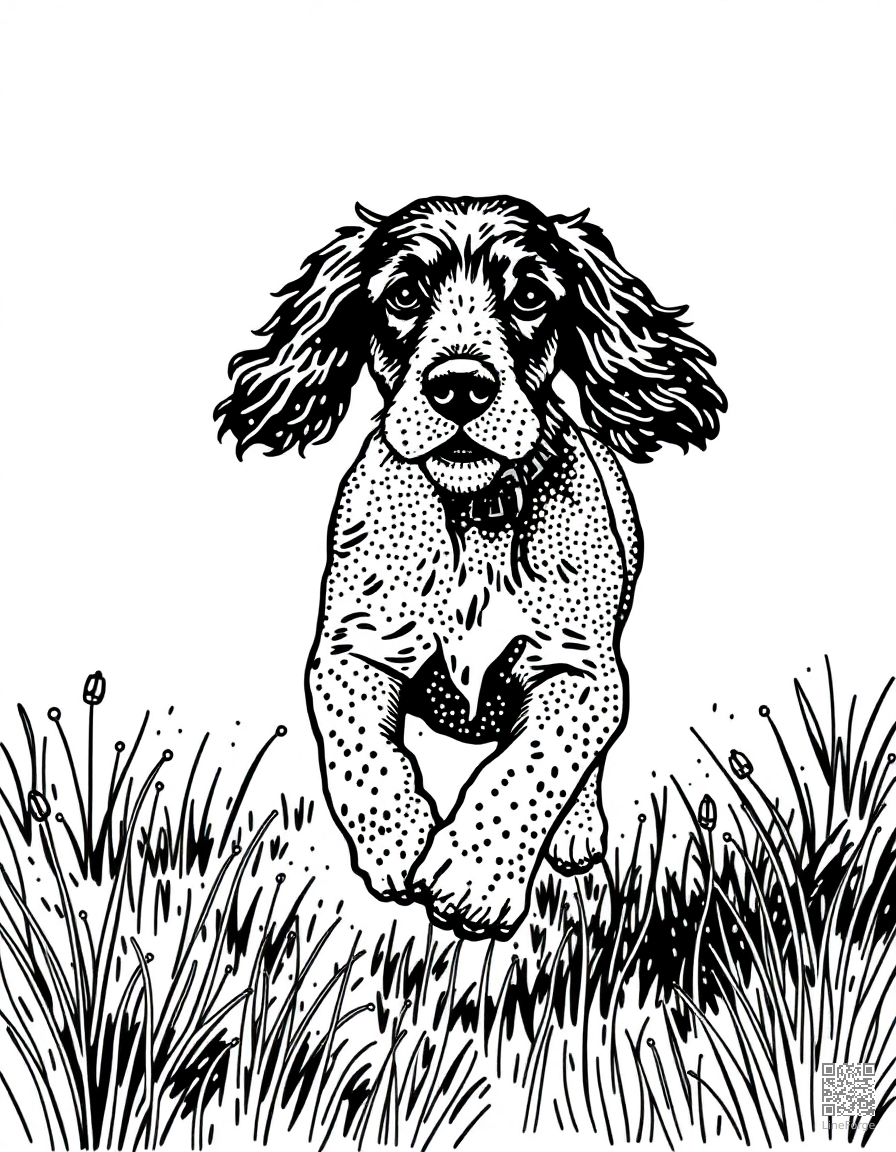 cocker spaniel running through a meadow coloring page Stipple style - free printable