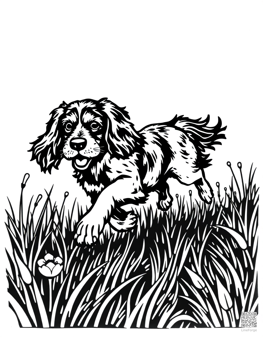 cocker spaniel running through a meadow coloring page Woodcut style - free printable