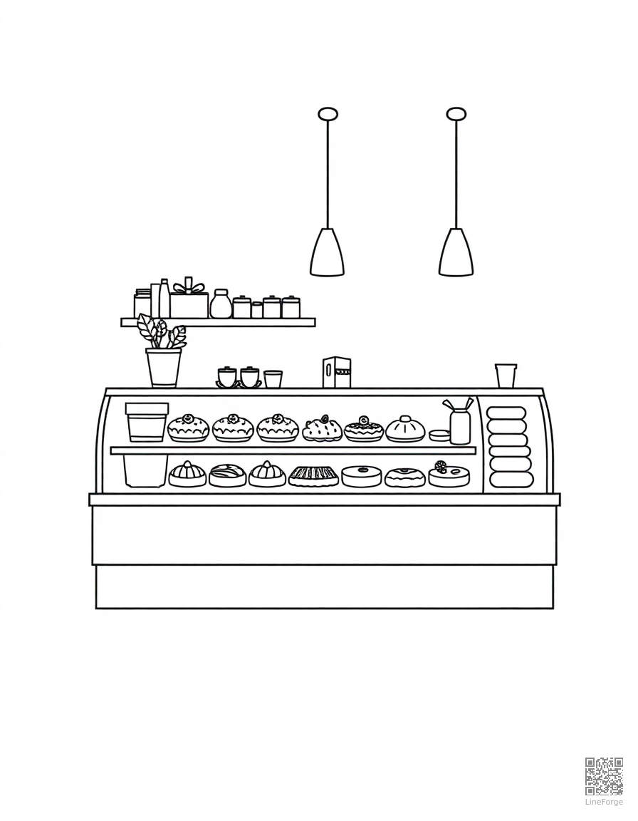 Free coffee shop with pastries in the case coloring page in contour style — printable line art