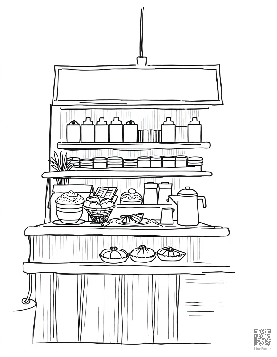 coffee shop with pastries in the case coloring page Crosshatch style free printable