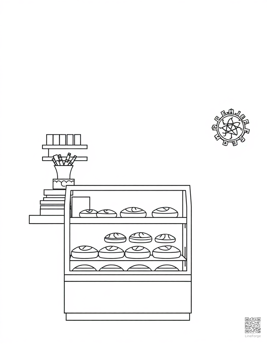 Free coffee shop with pastries in the case coloring page in minimal style — printable line art