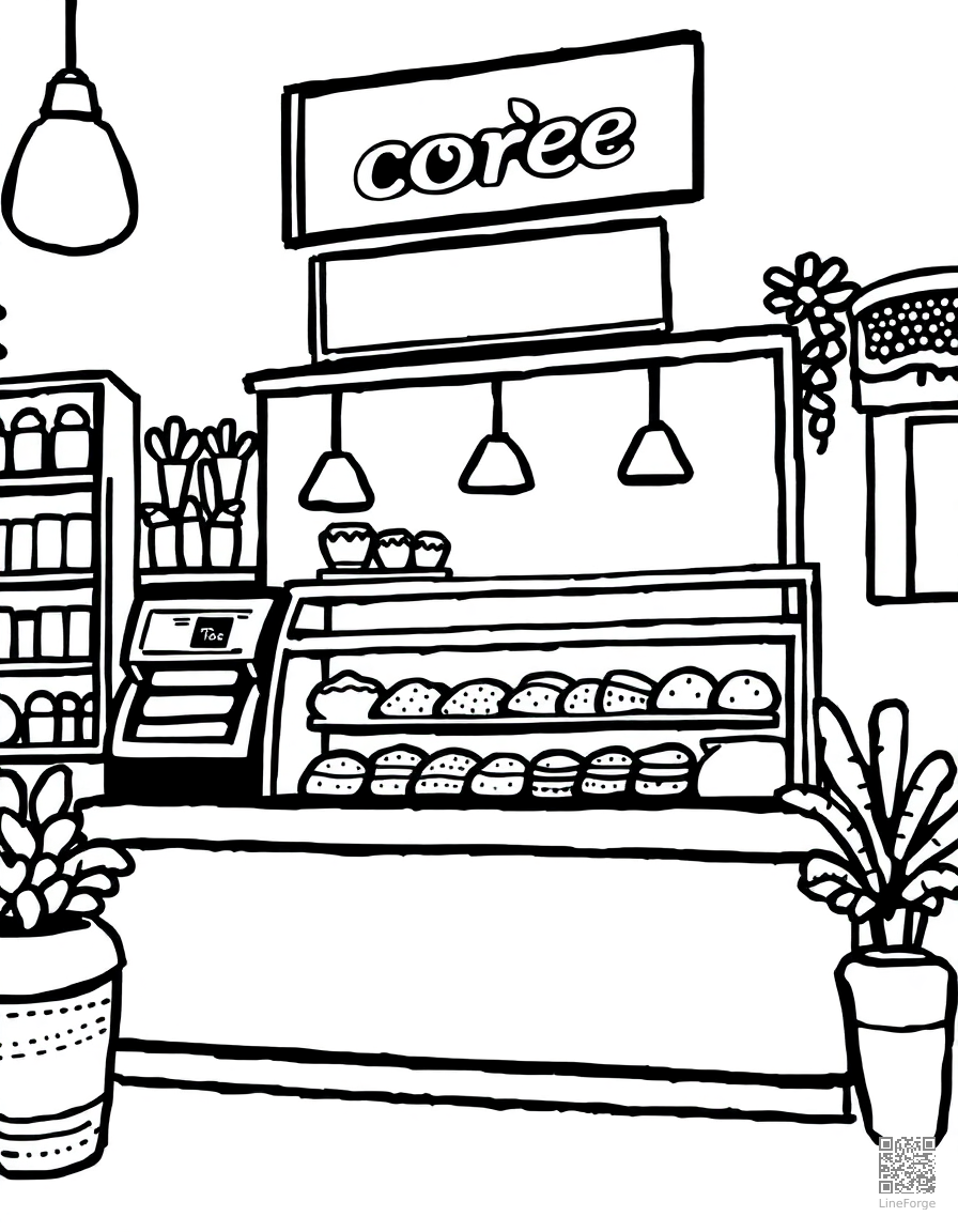 coffee shop with pastries in the case coloring page Stipple style free printable