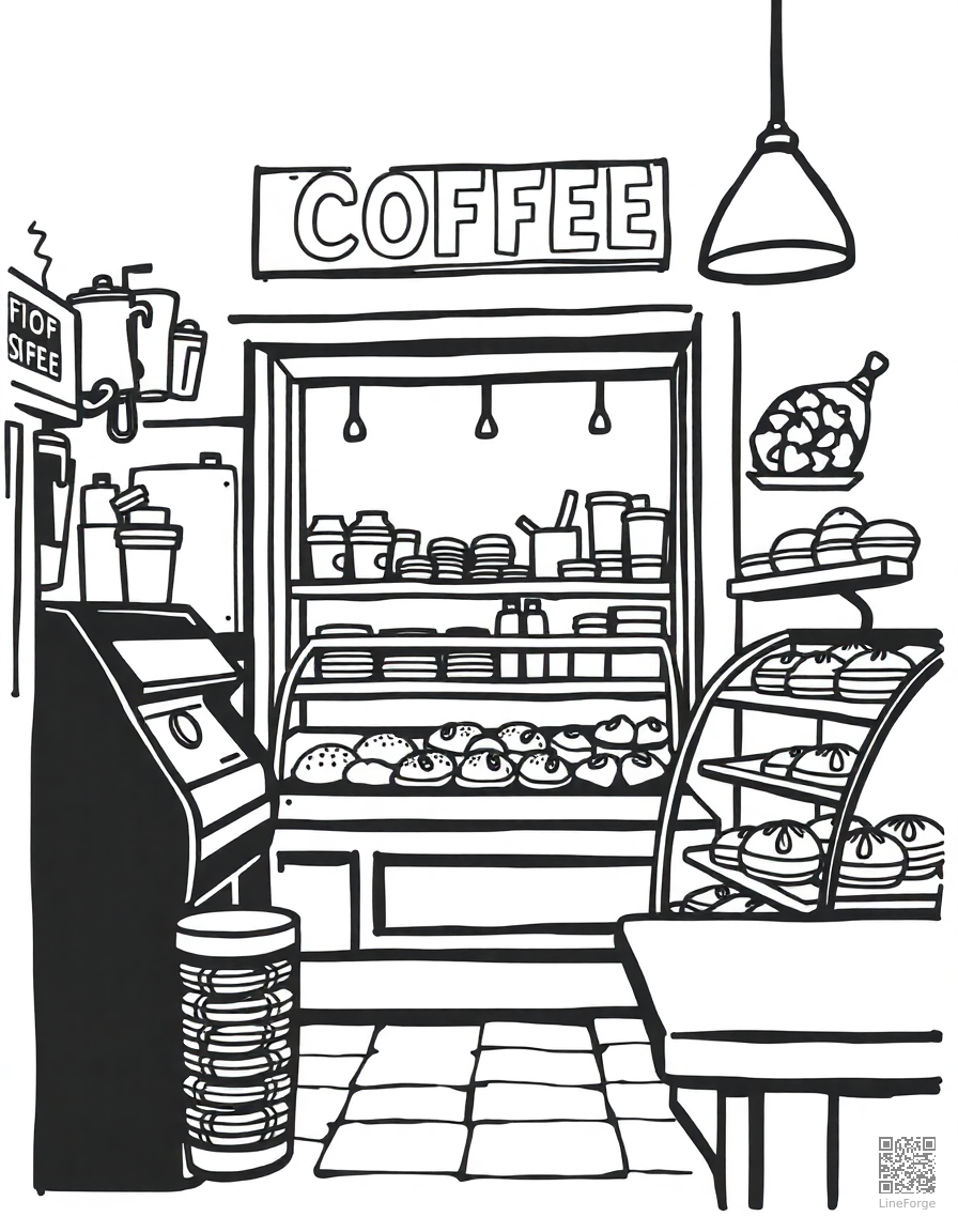coffee shop with pastries in the case coloring page Woodcut style free printable