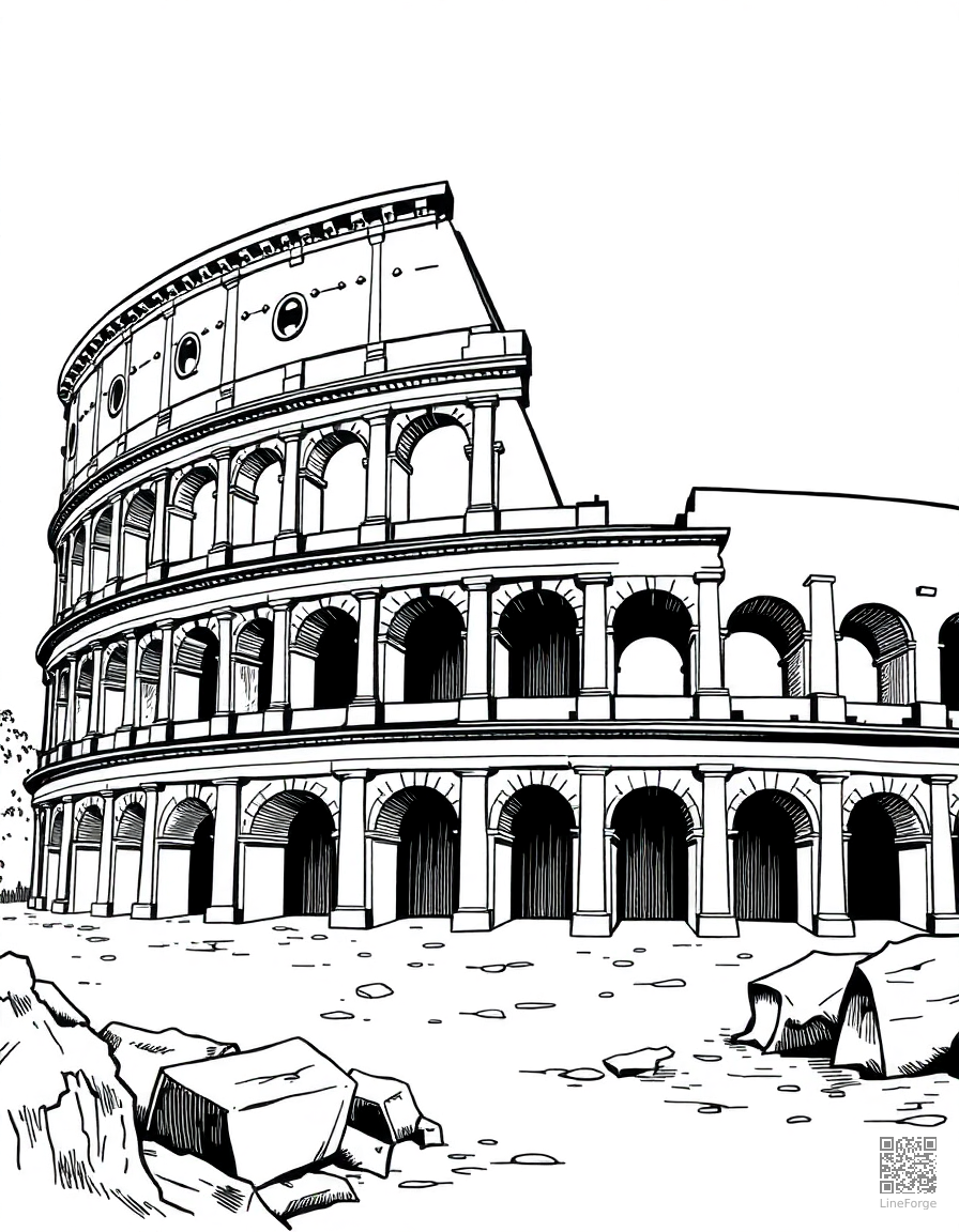 colosseum in ancient rome coloring page Woodcut style - free printable