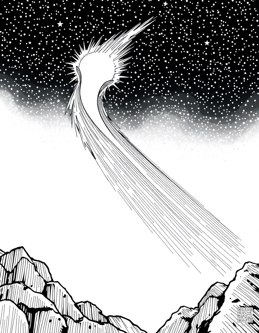 comet streaking across a starry sky coloring page Crosshatch style - free printable