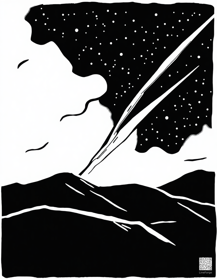 comet streaking across a starry sky coloring page Woodcut style - free printable