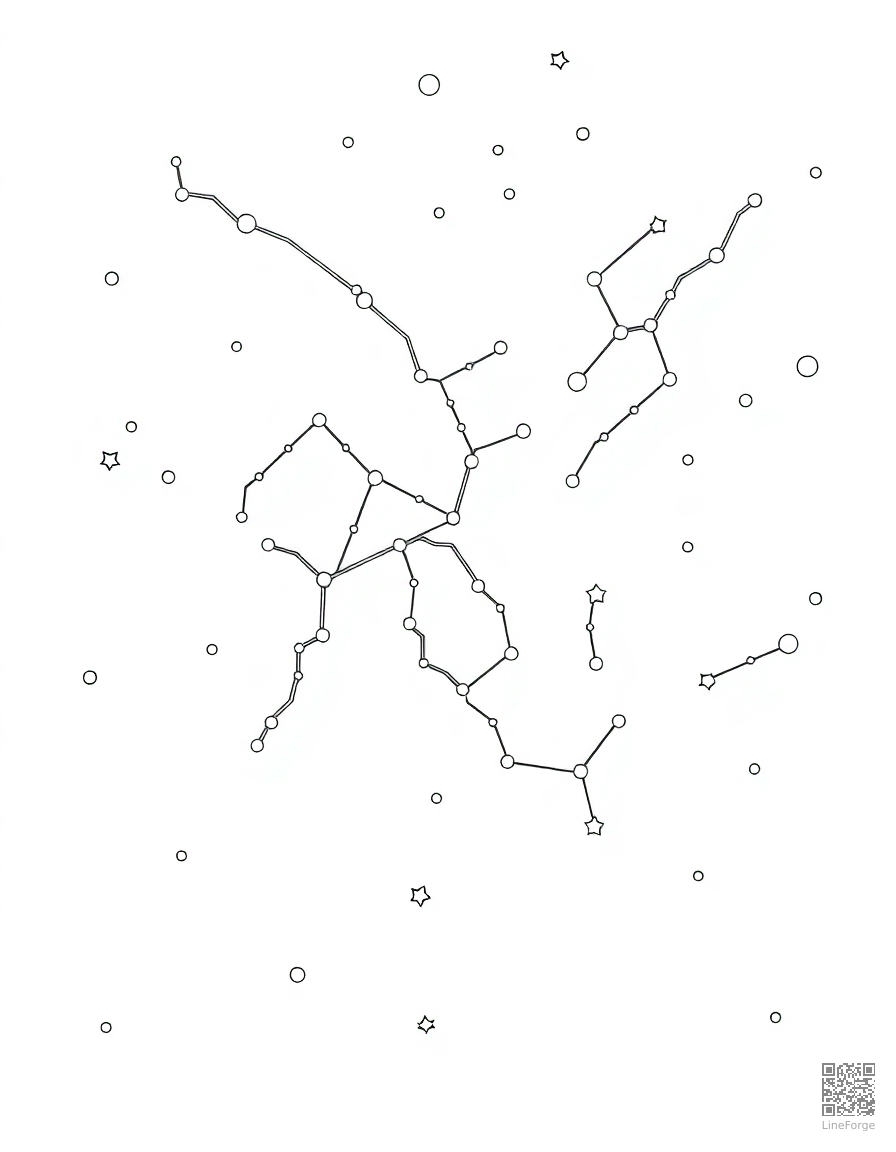 Free constellation map of the night sky coloring page in contour style — printable line art