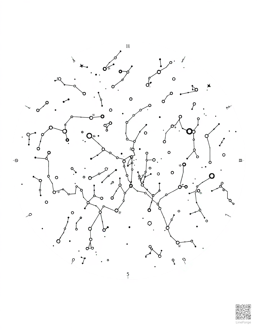 constellation map of the night sky coloring page Crosshatch style free printable