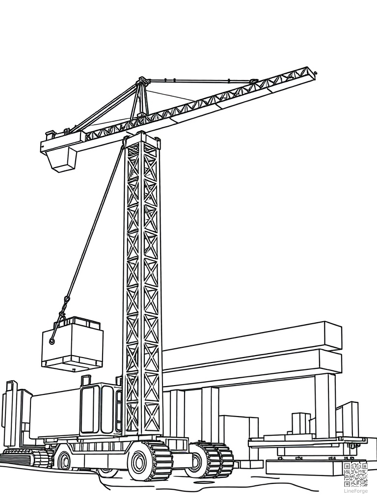 Construction crane lifting steel beams coloring page Contour style - free printable
