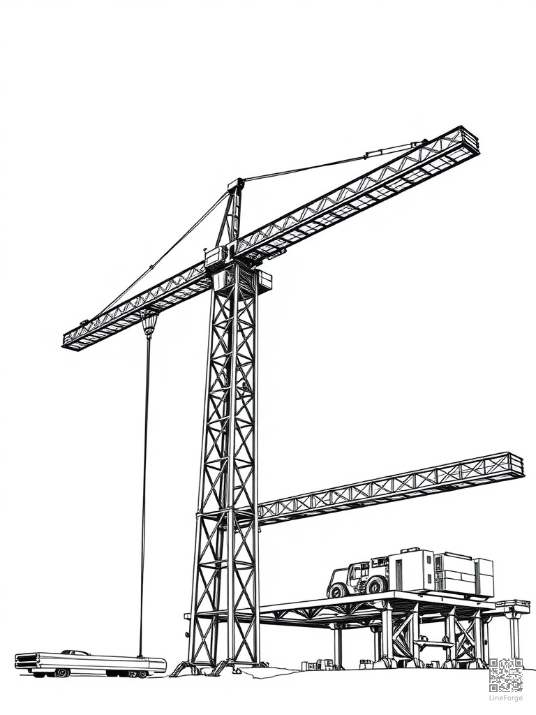 Construction crane lifting steel beams coloring page Crosshatch style - free printable