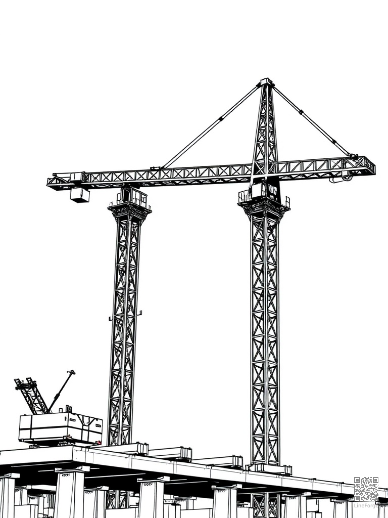 Construction crane lifting steel beams coloring page Manga style - free printable