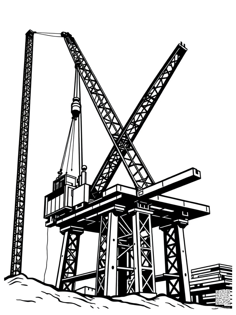 Construction crane lifting steel beams coloring page Woodcut style - free printable