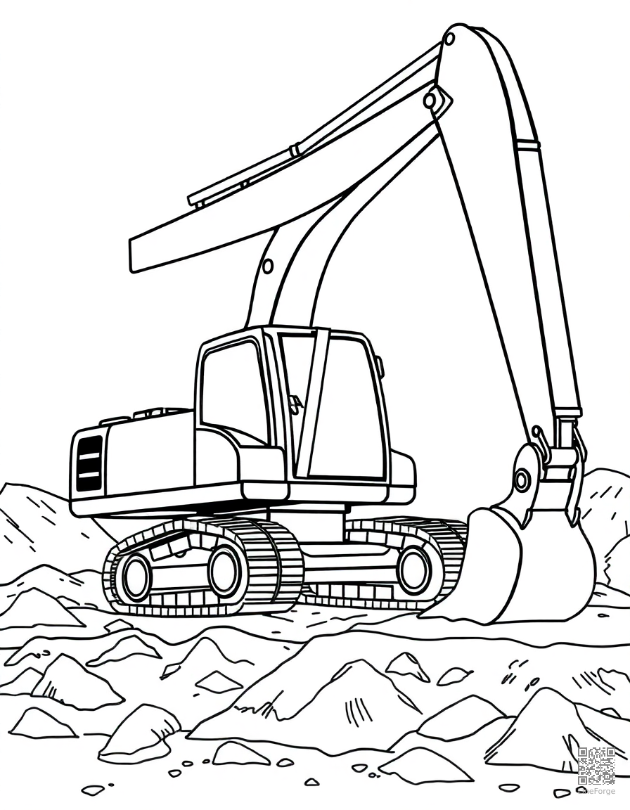 construction excavator digging at a site coloring page Contour style - free printable