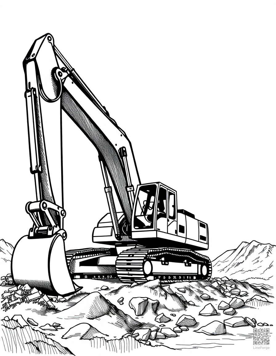 construction excavator digging at a site coloring page Crosshatch style - free printable