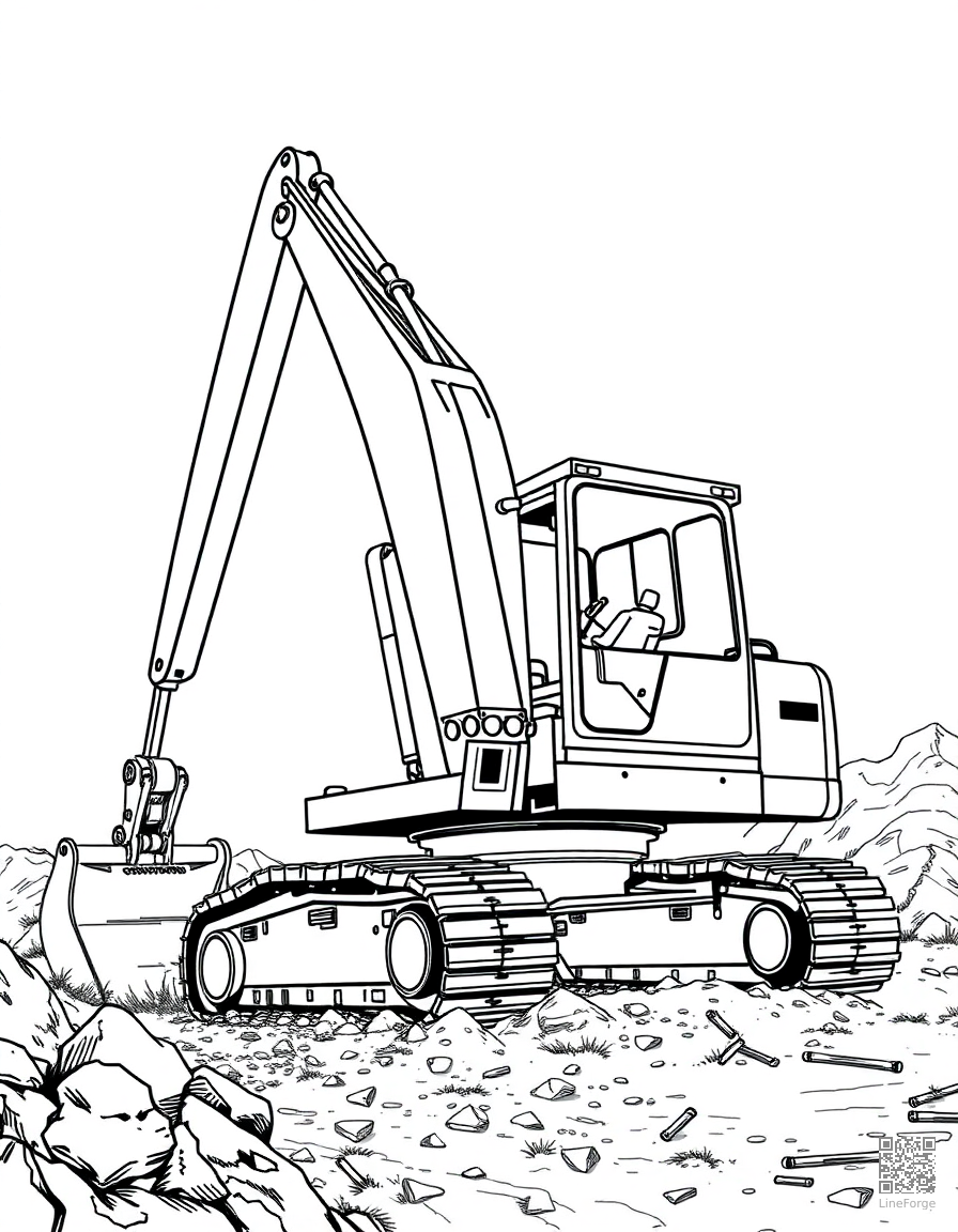 construction excavator digging at a site coloring page Manga style - free printable