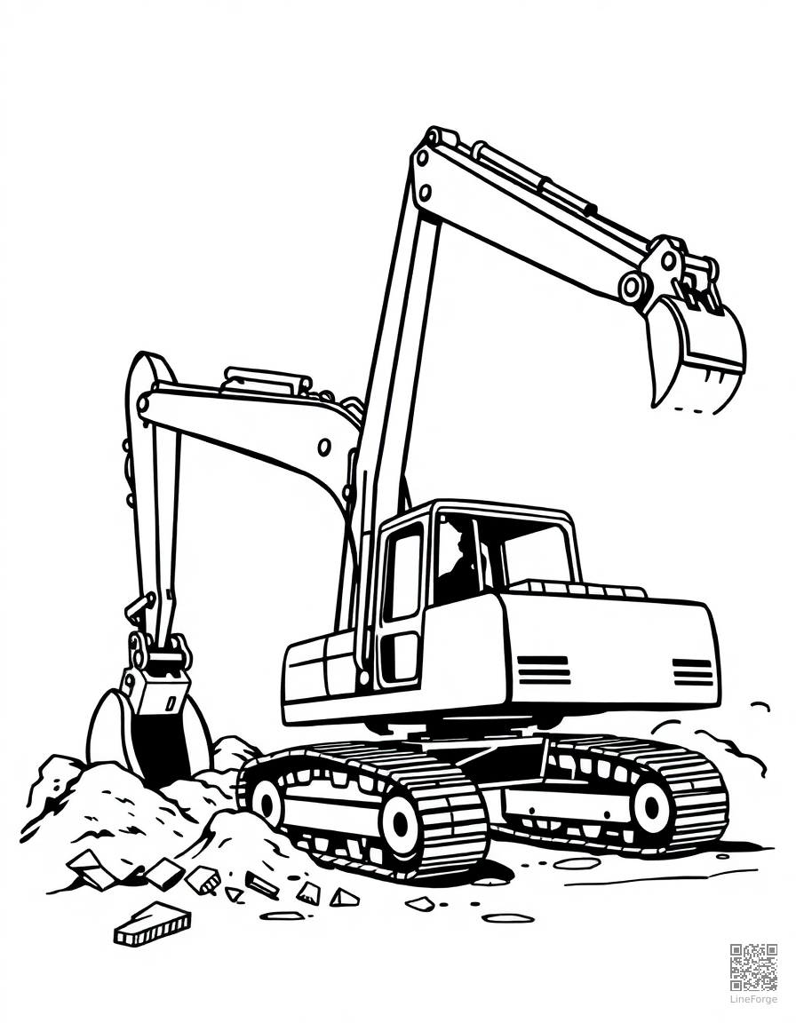 construction excavator digging at a site coloring page Woodcut style - free printable