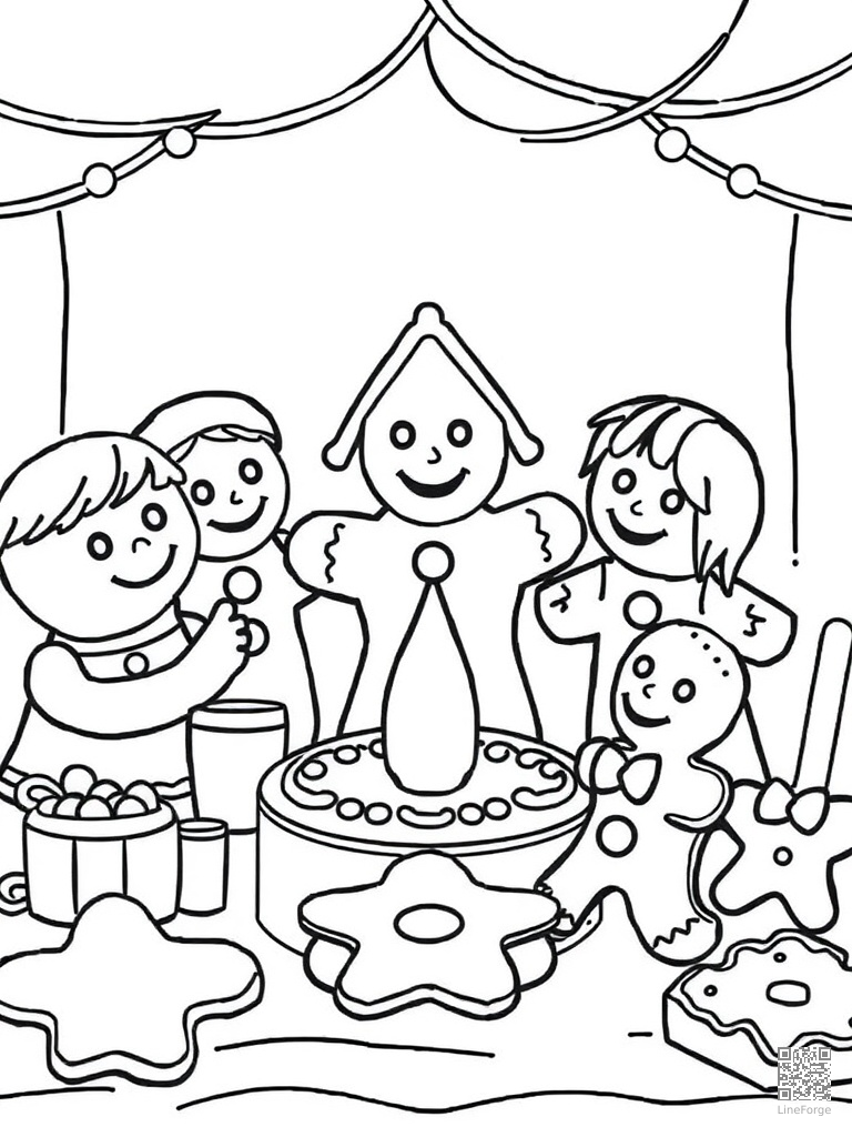 Cookie decorating party with gingerbread shapes coloring page Contour style - free printable