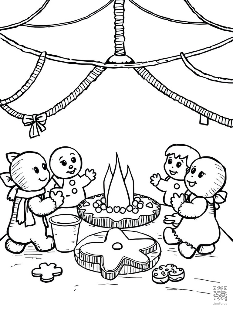 Cookie decorating party with gingerbread shapes coloring page Crosshatch style - free printable
