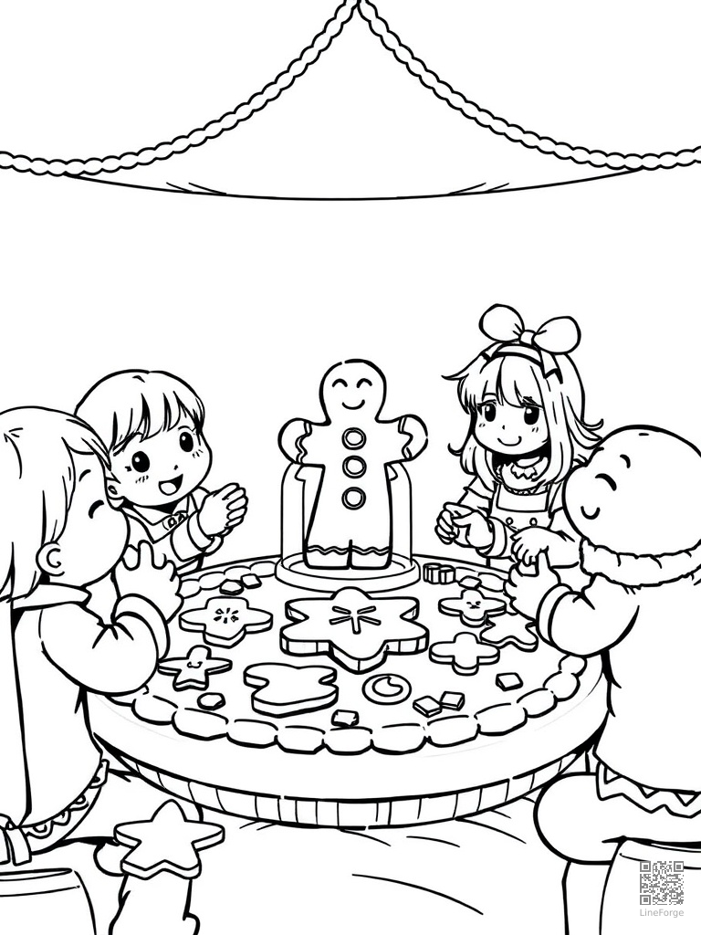 Cookie decorating party with gingerbread shapes coloring page Manga style - free printable
