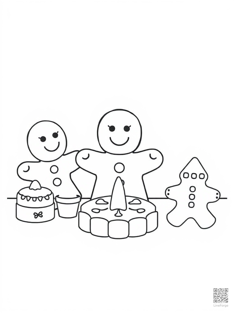Cookie decorating party with gingerbread shapes coloring page Minimal style - free printable
