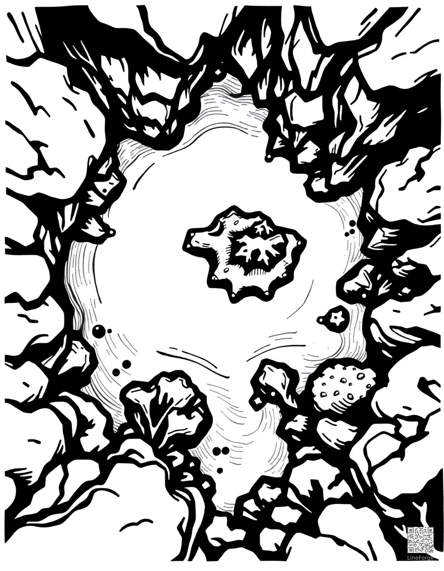 coral atoll viewed from above coloring page Woodcut style - free printable