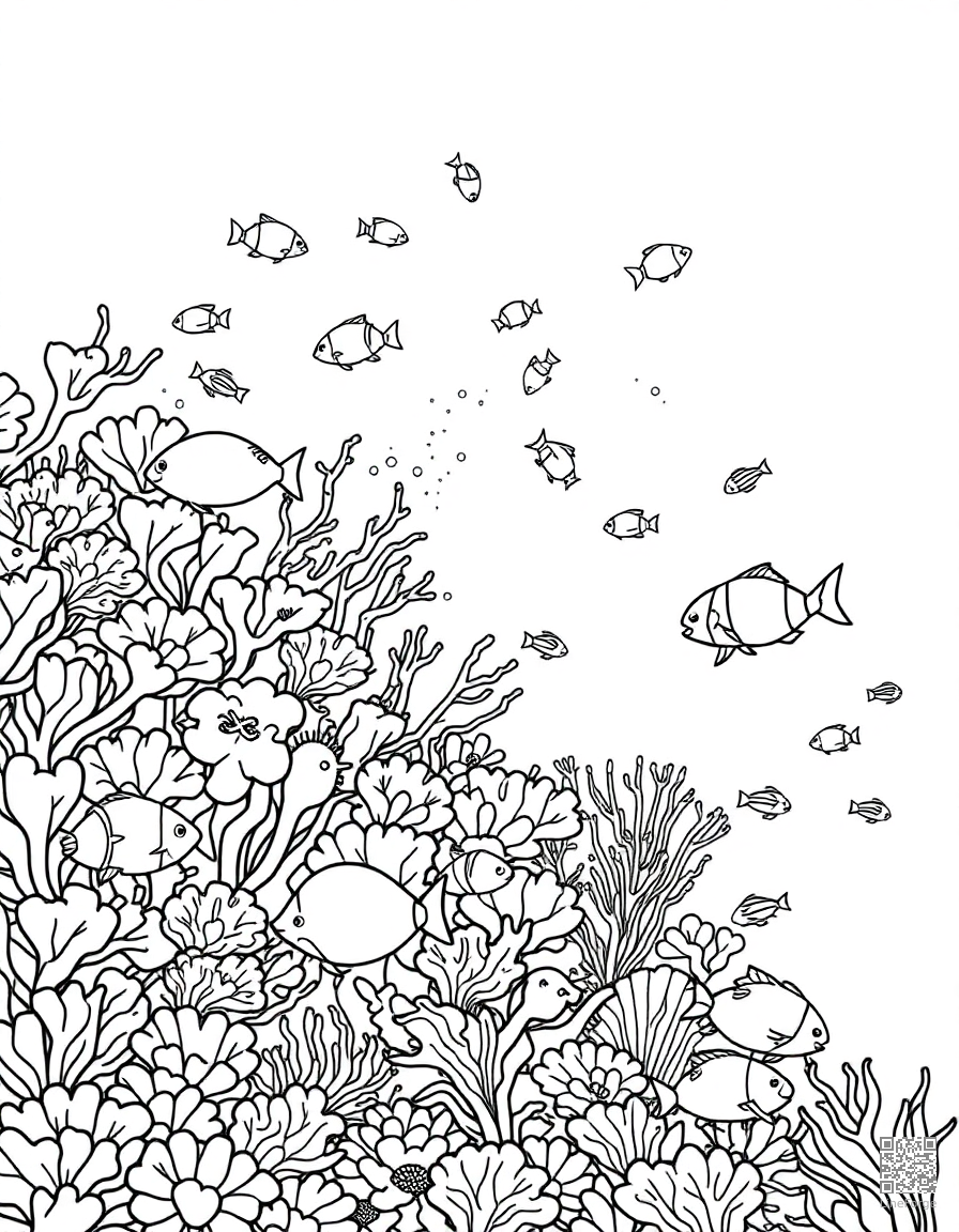 coral reef teeming with tropical fish coloring page Contour style - free printable