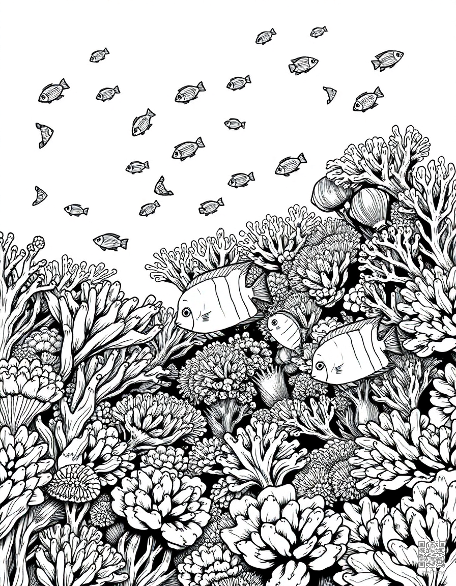 coral reef teeming with tropical fish coloring page Crosshatch style - free printable