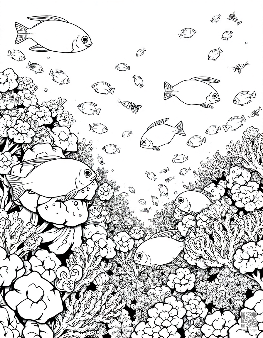 coral reef teeming with tropical fish coloring page Manga style - free printable