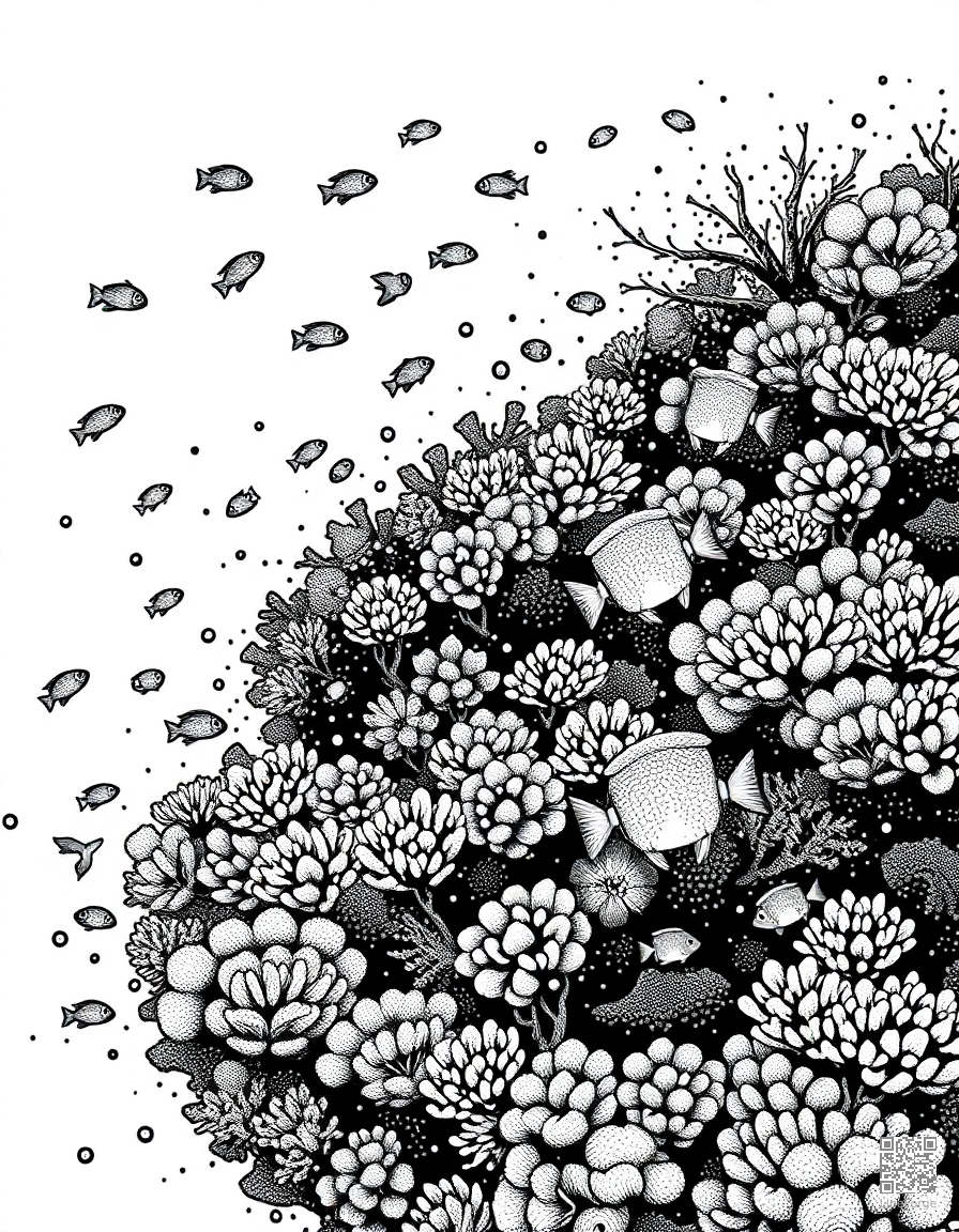 coral reef teeming with tropical fish coloring page Stipple style - free printable