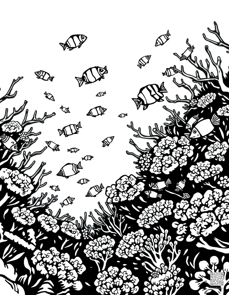 coral reef teeming with tropical fish coloring page Woodcut style - free printable