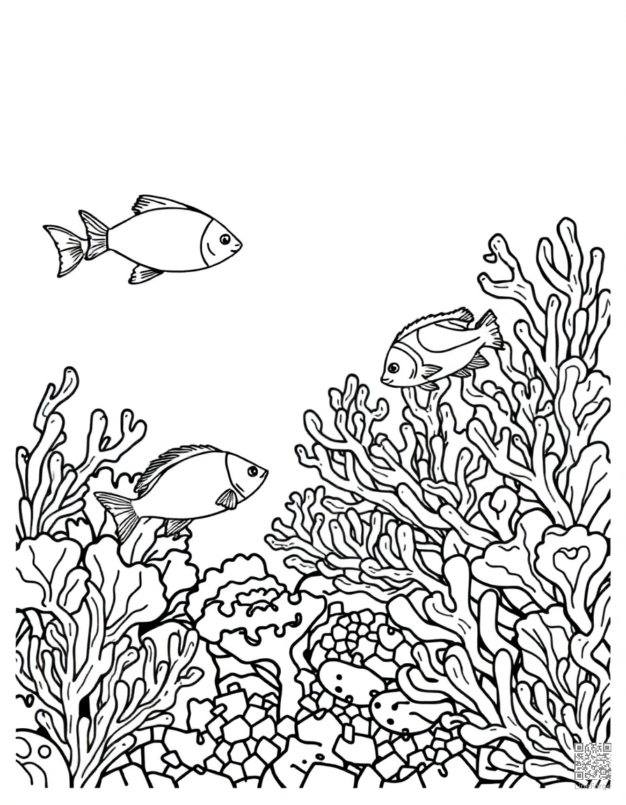 Coral reef with tropical fish coloring page Contour style - free printable