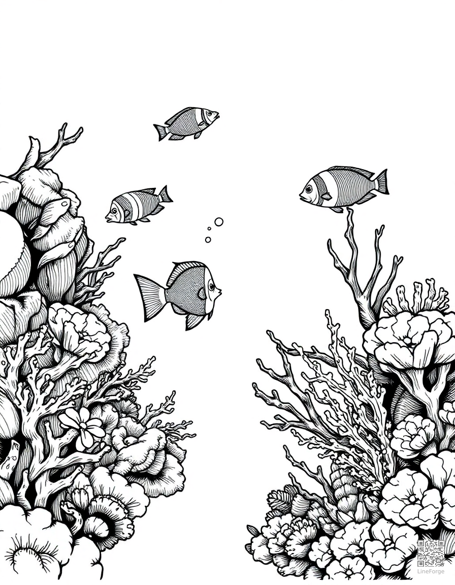 Coral reef with tropical fish coloring page Crosshatch style - free printable