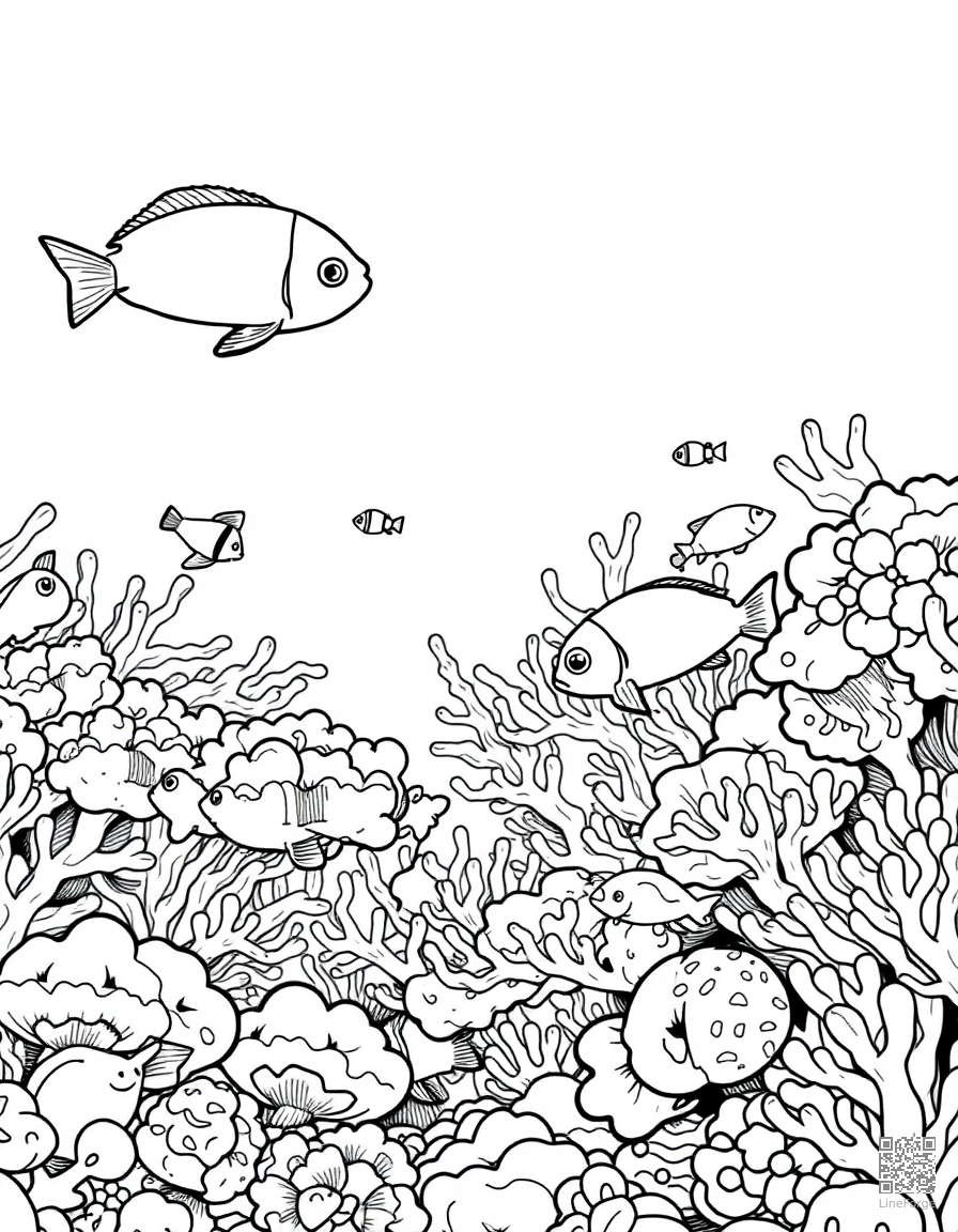 Coral reef with tropical fish coloring page Manga style - free printable