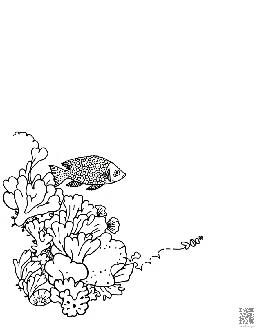 Coral reef with tropical fish coloring page Stipple style - free printable