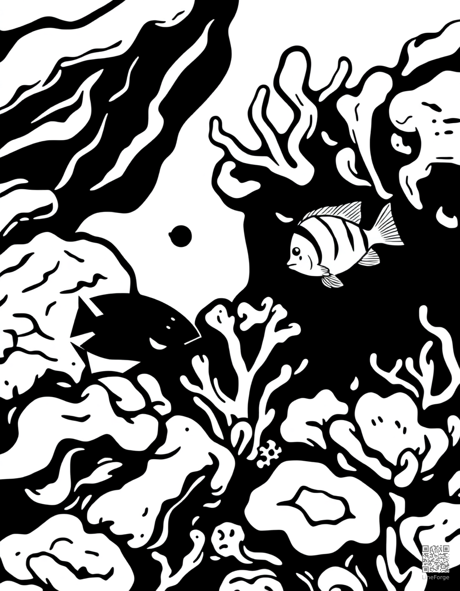 Coral reef with tropical fish coloring page Woodcut style - free printable