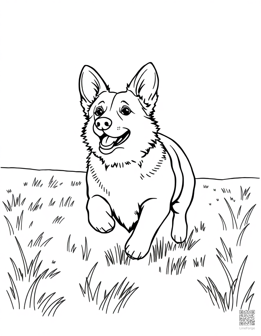 Corgi running through a field coloring page Contour style - free printable