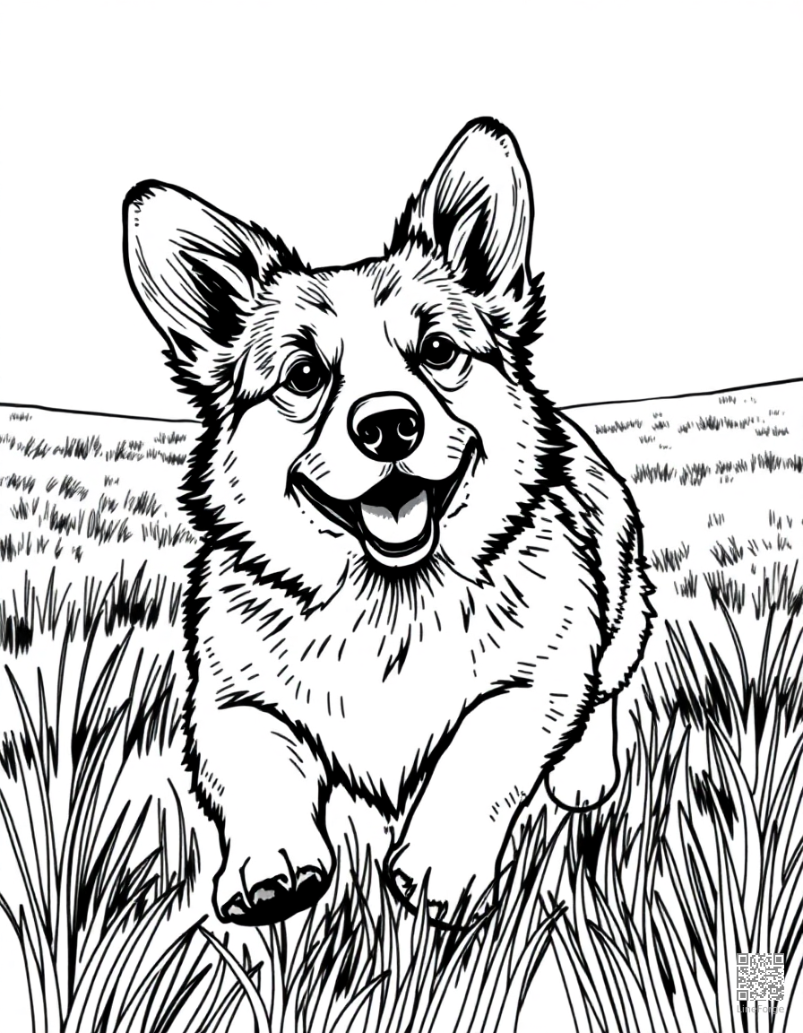 Corgi running through a field coloring page Crosshatch style - free printable