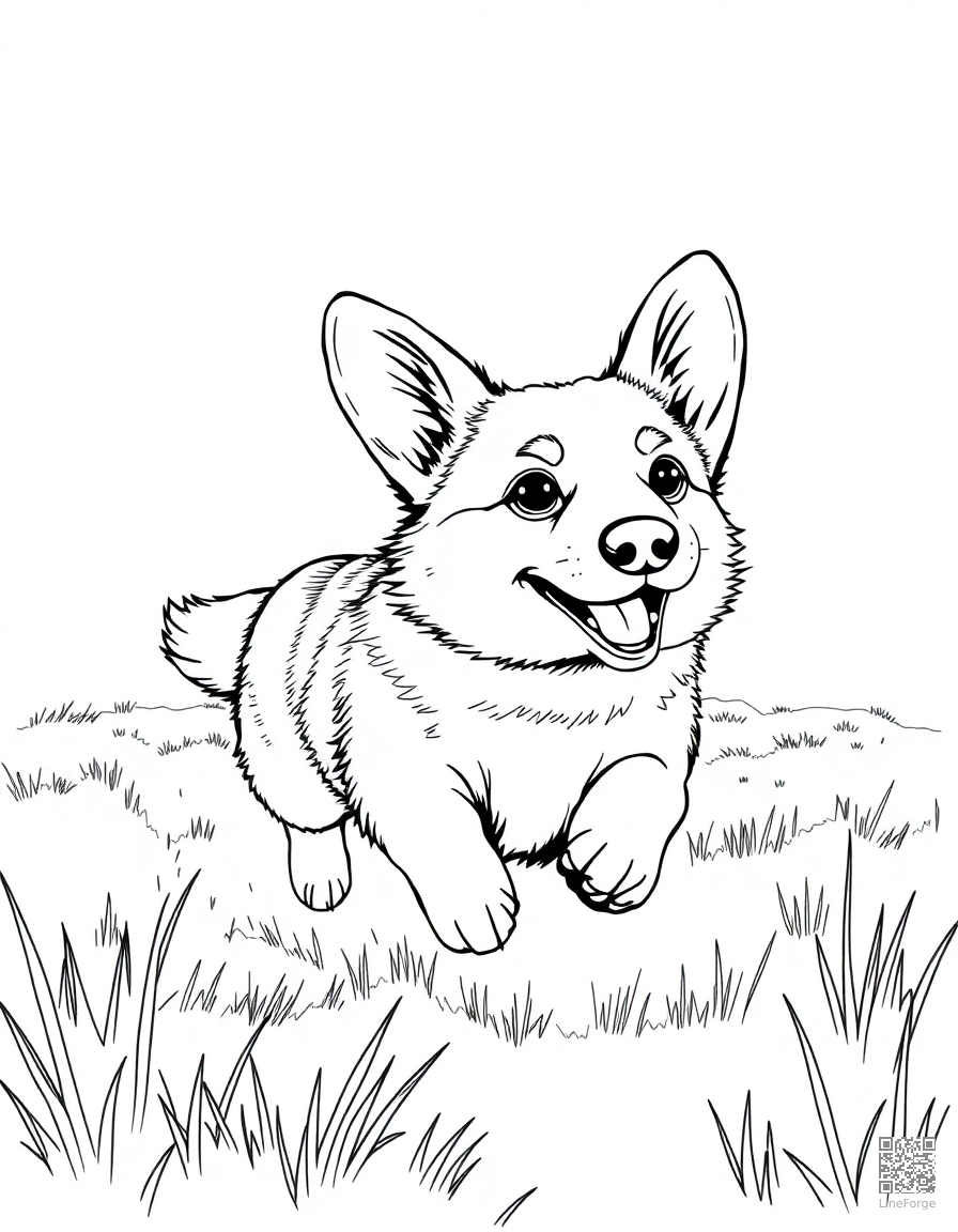 Corgi running through a field coloring page Manga style - free printable