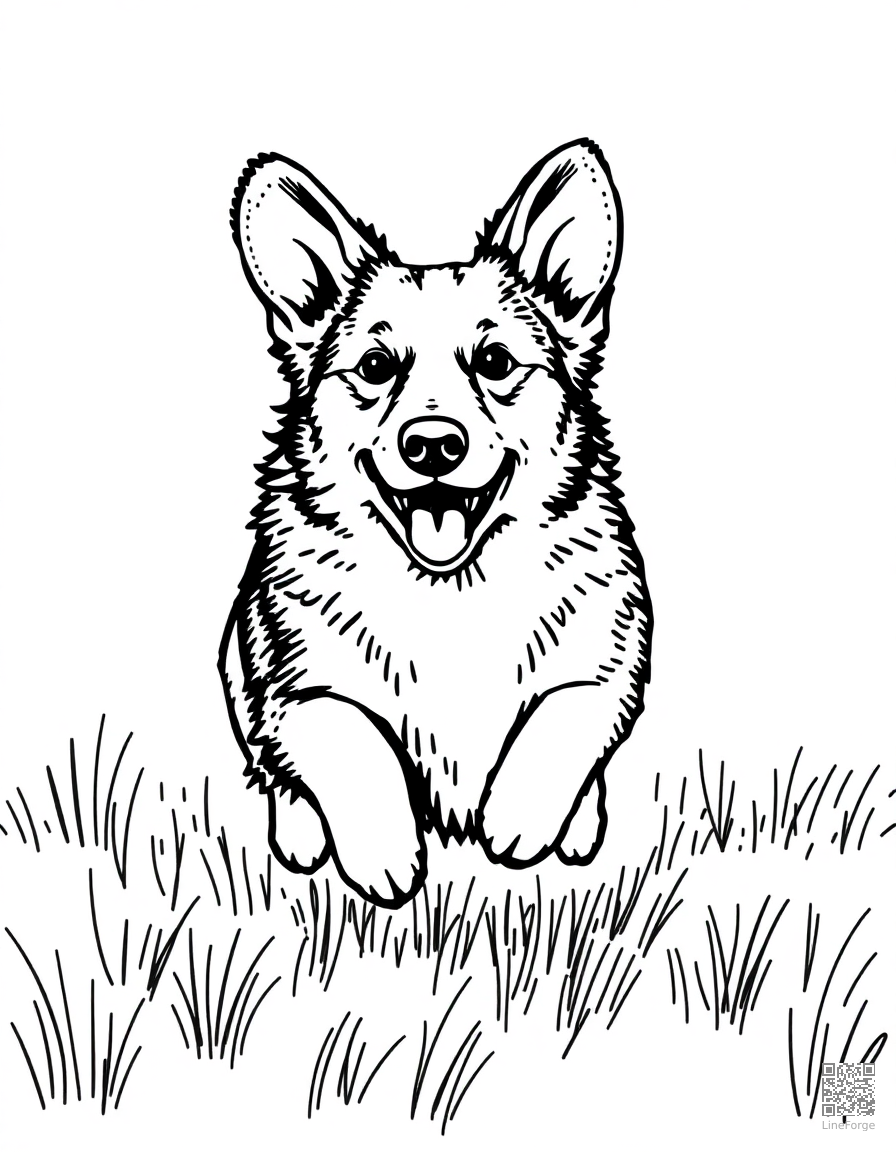 Corgi running through a field coloring page Stipple style - free printable