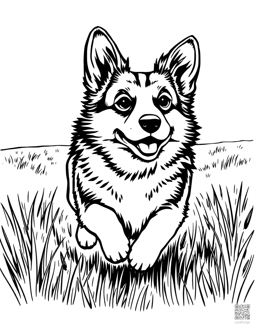 Corgi running through a field coloring page Woodcut style - free printable