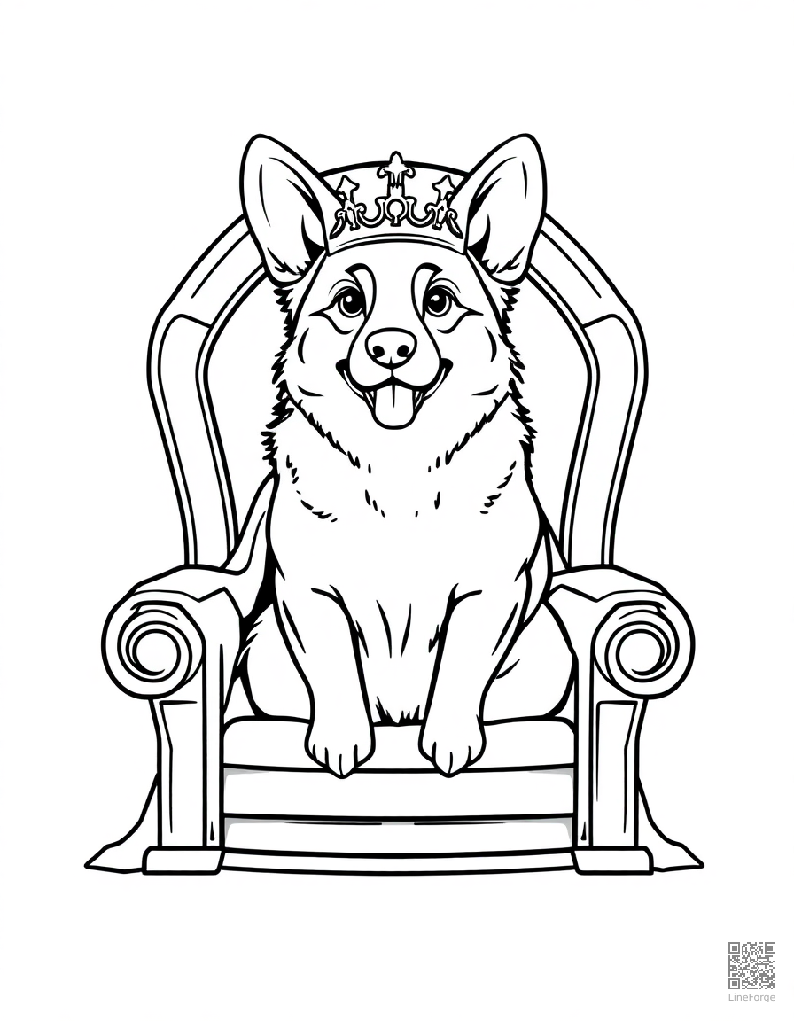 corgi sitting on a throne like a king coloring page Contour style - free printable