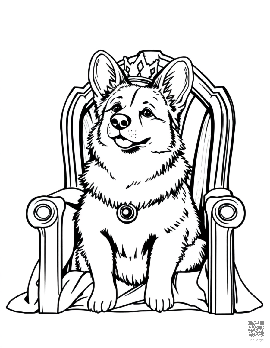 corgi sitting on a throne like a king coloring page Crosshatch style - free printable