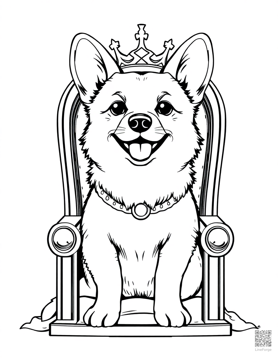 corgi sitting on a throne like a king coloring page Manga style - free printable